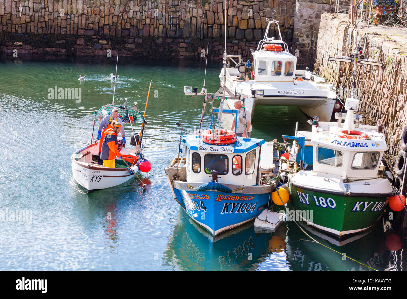 Un barco de pesca de langosta entrando al puerto de Crail, Fife, Escocia, Reino Unido Foto de stock