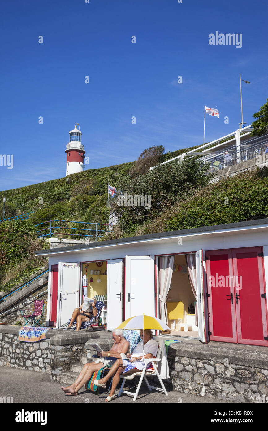 Devon, Inglaterra, Plymouth, Plymouth Hoe, cabaña en la playa, turistas, Foto de stock
