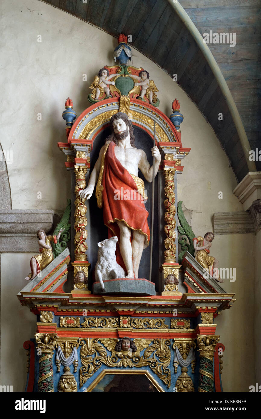 Francia, Finisterre, parada en el Camino de Santiago, St Thegonnec, gabinete parroquial, la iglesia, el retablo de San Juan Bautista Foto de stock