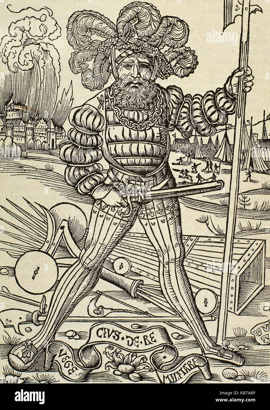 Soldado mercenario alemán de principios del siglo XVI. El grabado en madera. El facsímil. "Historia universal", 1886. Foto de stock