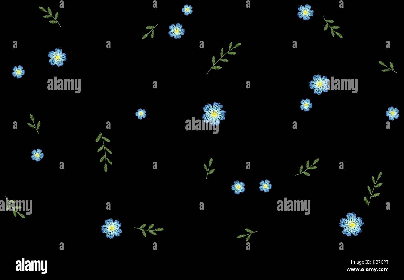 Ramas hojas de hierba ramitas de hierbas perfecta. patrón vectorial Bordado flor azul decoración impresión textil ilustración sobre fondo negro Ilustración del Vector