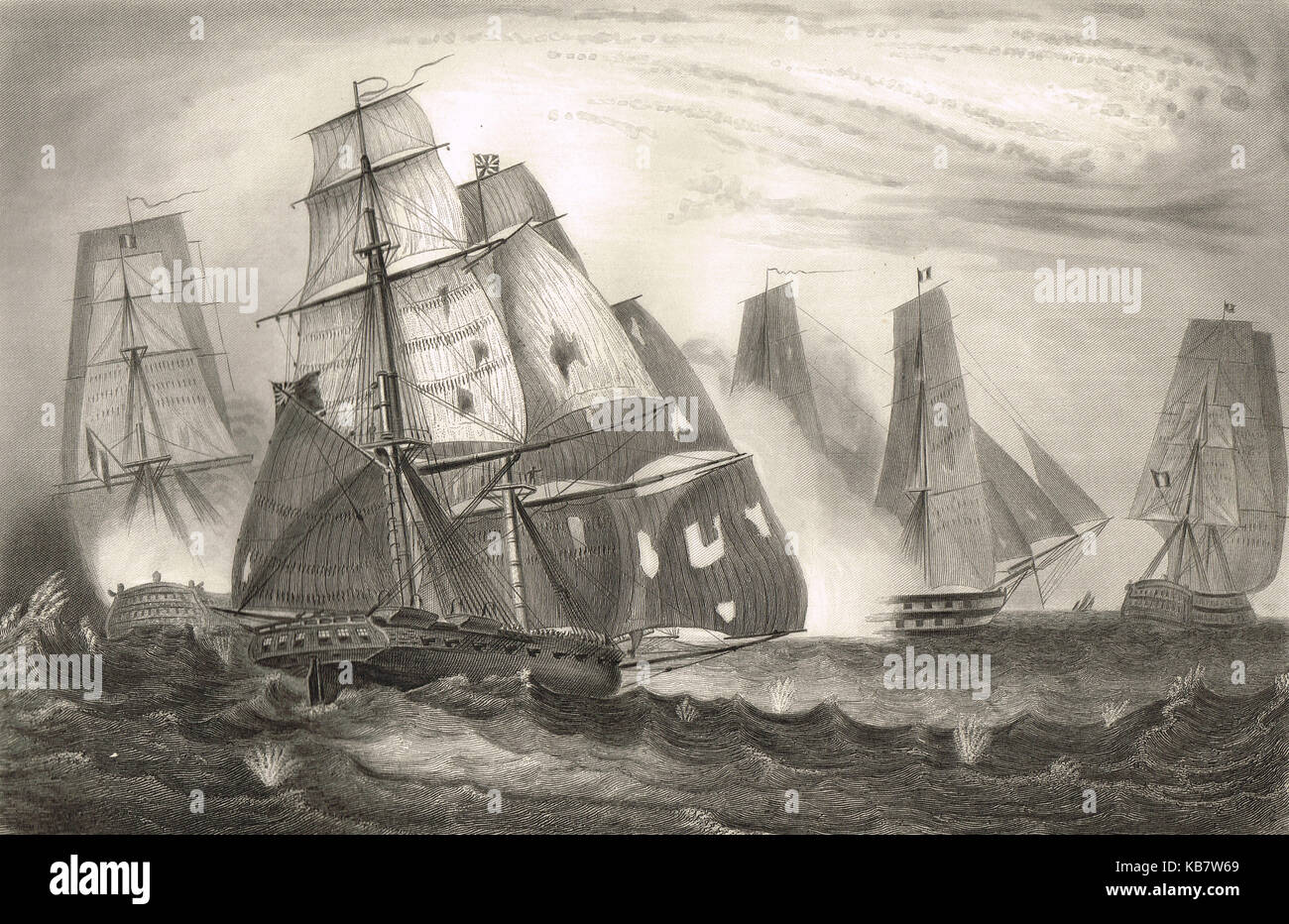 Charles Napier y el Bergantín hms reclutar a atacar el buque francés hautpoult, 15 de abril de 1809 Foto de stock