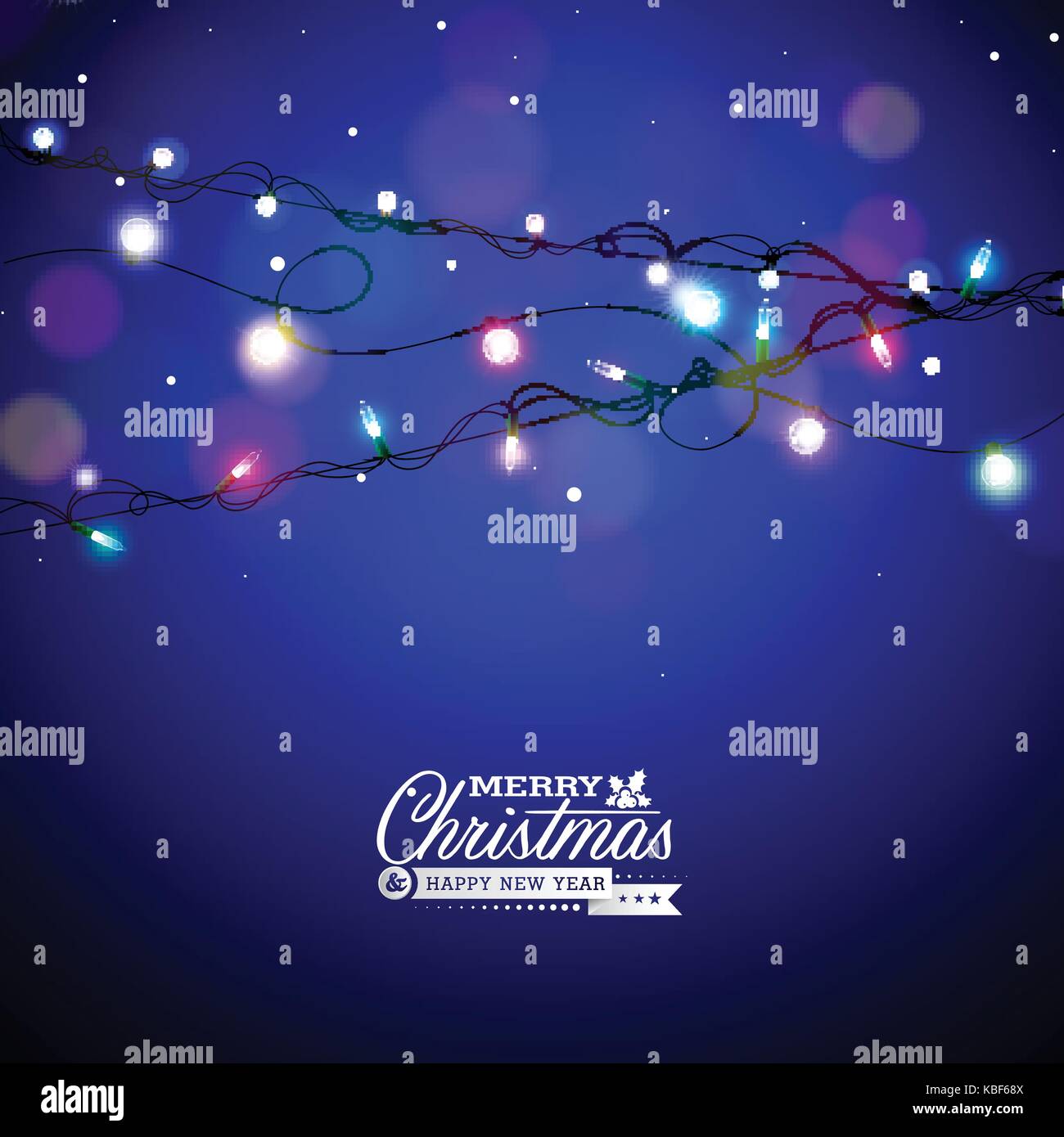 Colores brillantes luces de Navidad para las vacaciones de Navidad y feliz año nuevo diseño de tarjetas de felicitación en fondo azul brillante. Ilustración del Vector