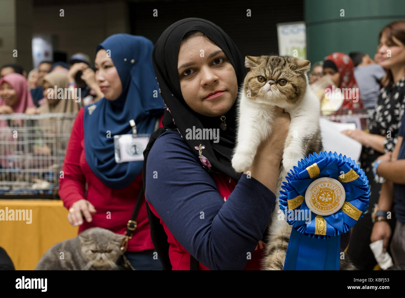 Kuala Lumpur, MALASIA. 30 de septiembre de 2017. La Dra. Sara Umar  fotografió con su gato Caregear (raza EXÓTICA) durante la Cat Expo Malasia  en el Centro de Exposiciones y Convenciones MATRADE