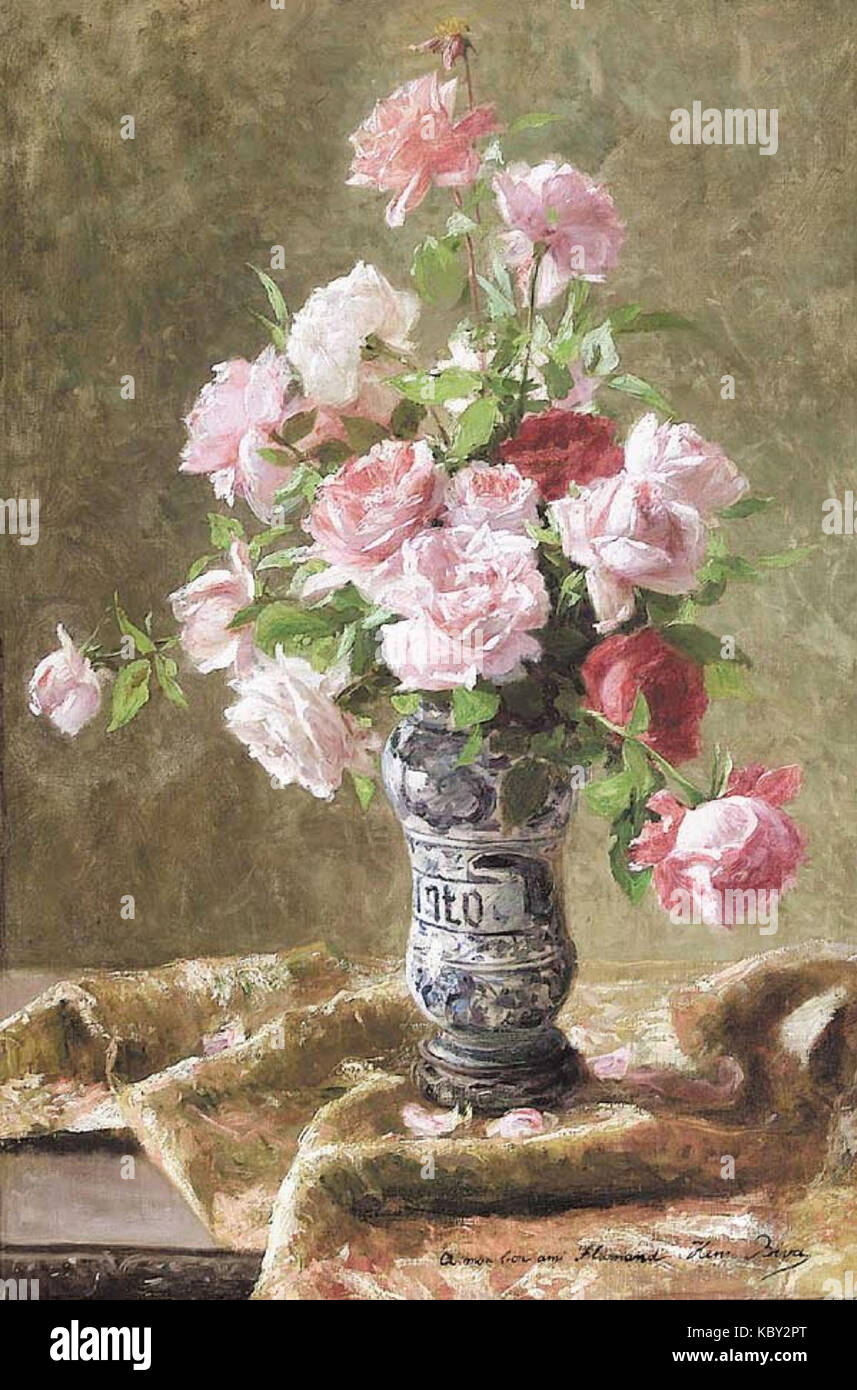 Henri Biva, Rosas rosas en plena floración, óleo sobre lienzo, 91,4 x 61 cm. Foto de stock