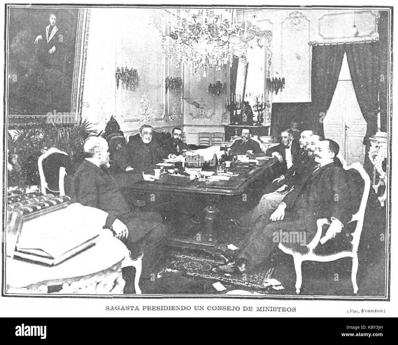 Sagasta presidiendo un consejo de ministros, de Franzen Foto de stock