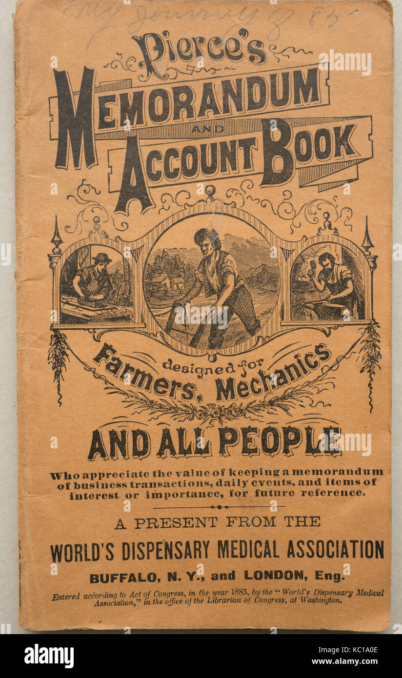 Cubierta de un cuaderno del siglo XIX llamado Pierce's Memorandum Account Book diseñado para agricultores, Mecánica de la World's Dispensary Medical Association, Buffalo, NY, EE.UU Foto de stock