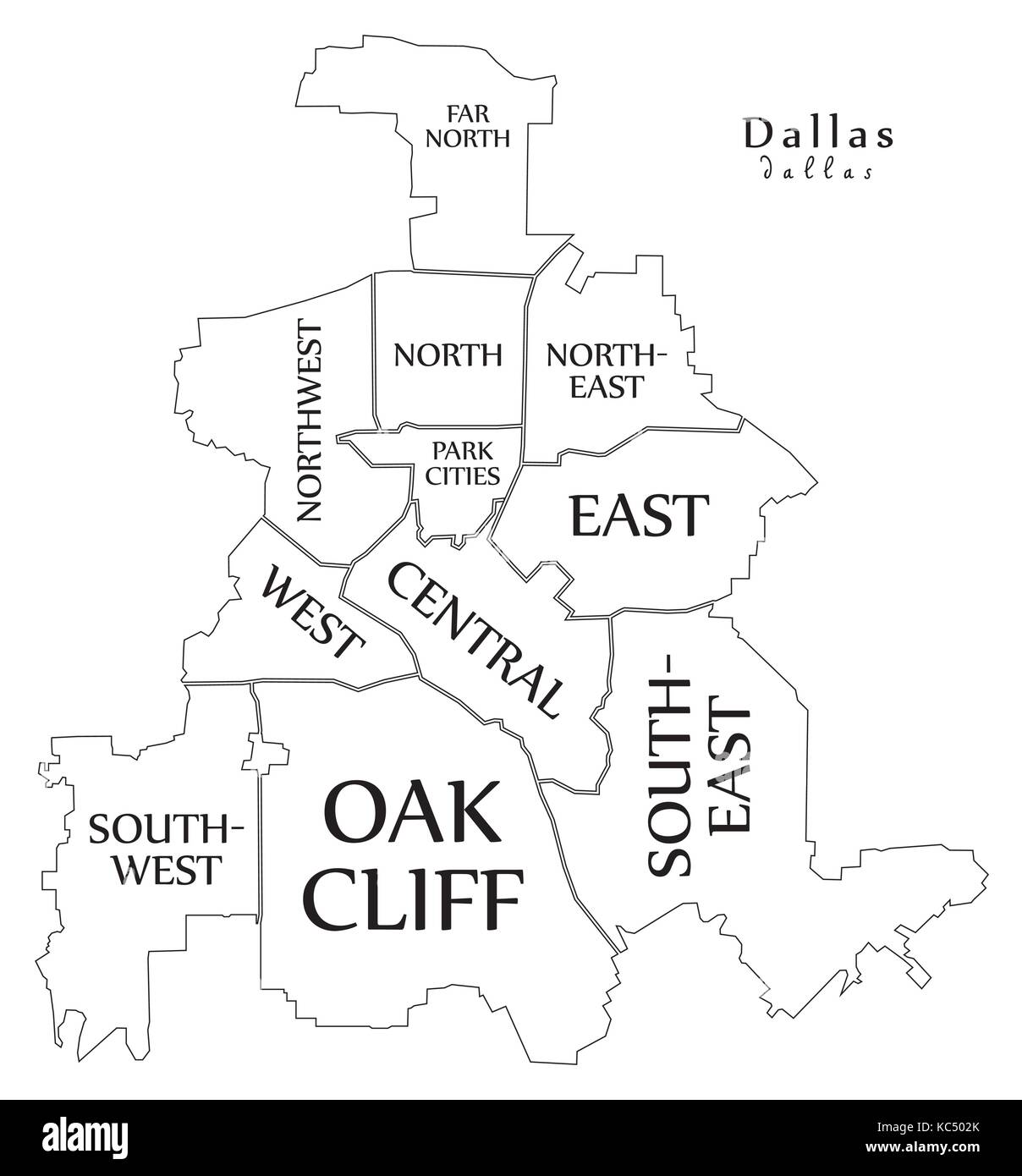 Ciudad moderna Mapa de la ciudad de Dallas, Texas, EE.UU. con municipios y títulos mapa de