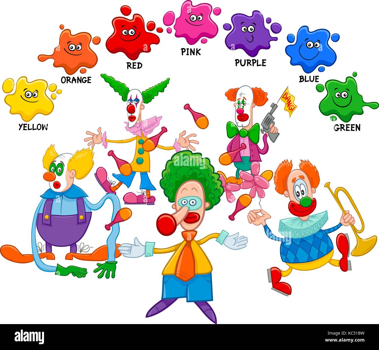 Ilustración de dibujos animados de colores básicos página educativa para  niños con payasos circo caracteres Imagen Vector de stock - Alamy