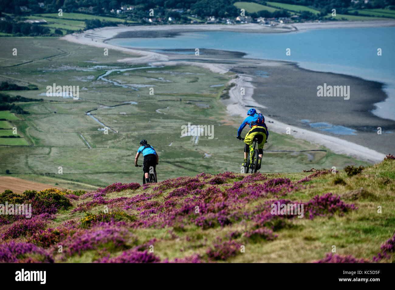 Dos ciclistas de montaña ride un sendero en la colina que domina la bahía de Porlock Bossington en Somerset, Inglaterra. Foto de stock