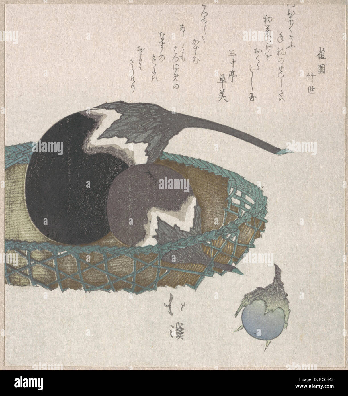 Las berenjenas en una canasta, durante el período Edo (1615-1868), del siglo XIX, Japón, parte de un álbum de impresos xilográficos surimono (tinta). Foto de stock