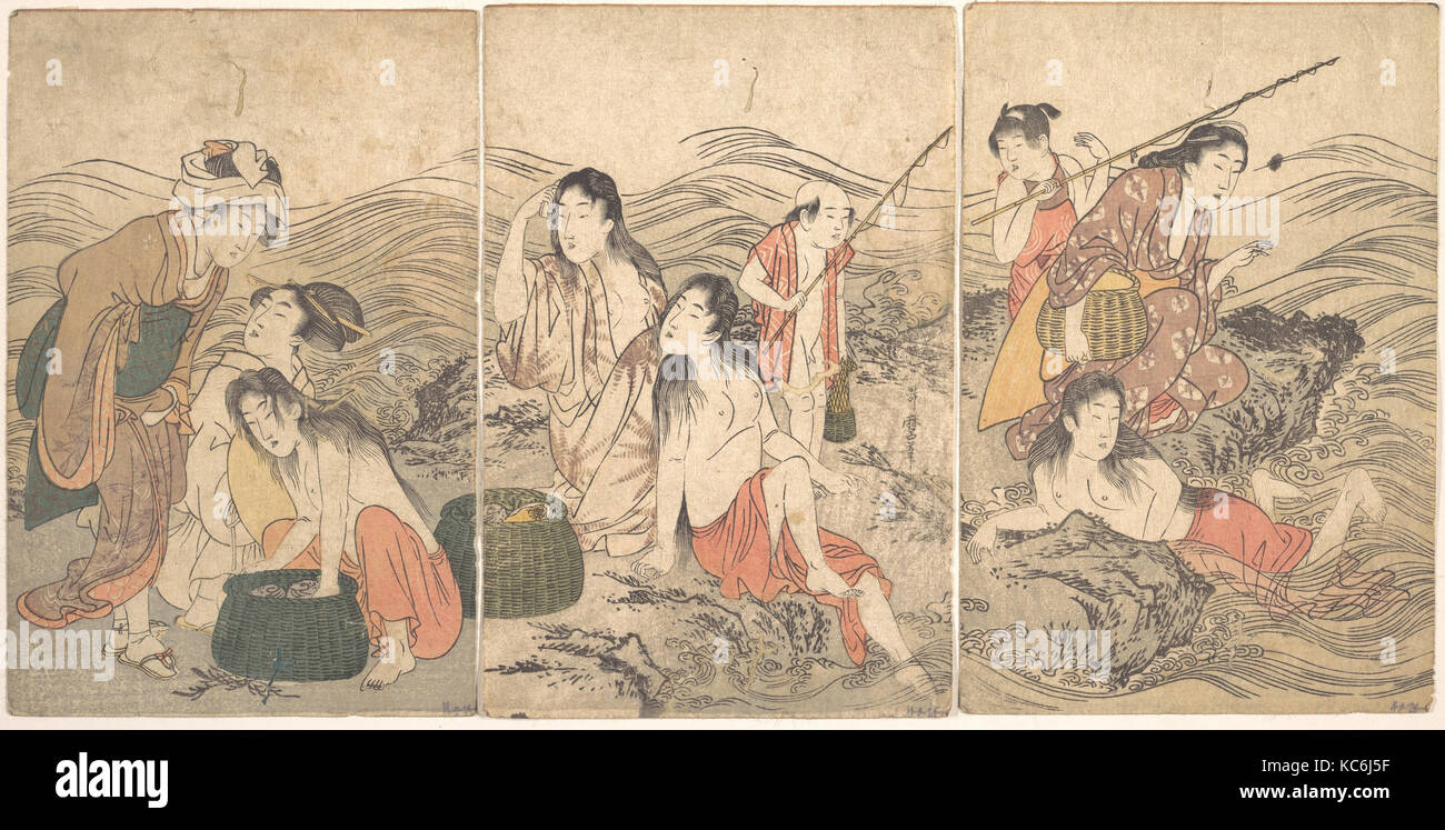 Chica pescadores y bañistas, del período Edo (1615-1868), 1791, Japón, Tríptico de impresos xilográficos policromadas; tinta y color sobre papel Foto de stock