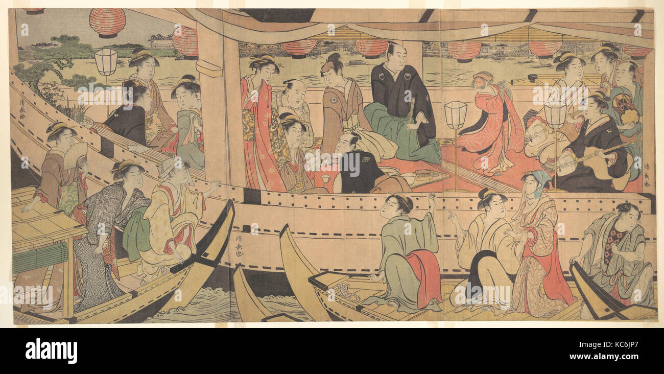 Río Sumida, 三俳優隅田川船遊び Vacaciones, periodo Edo (1615-1868), 1788-90, el Japón, el tríptico de impresos xilográficos policromadas; y color de tinta Foto de stock