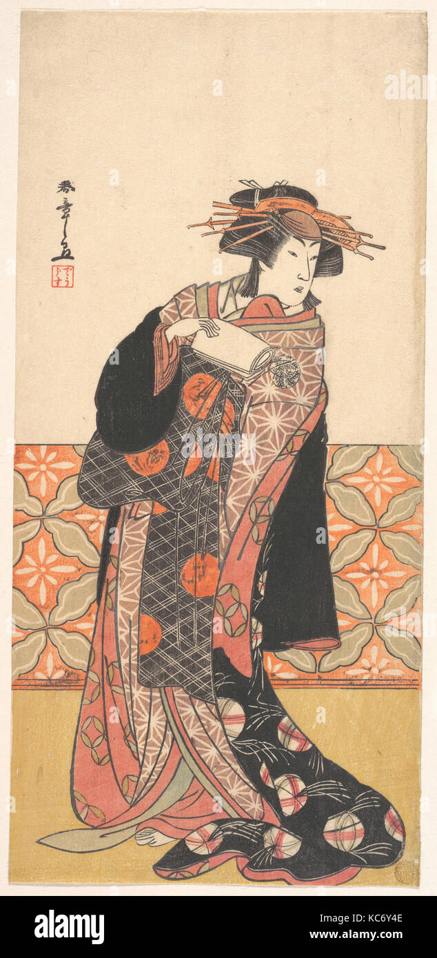 Nakamura Riko tan ricamente vestidos cortesana de pie en una sala, Katsukawa Shunshō, ca. 1778 Foto de stock