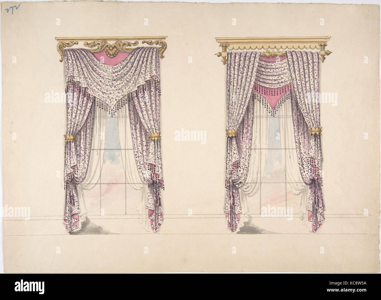 Diseño de cortinas de color morado, blanco y visón tela, margen púrpura y  oro blanco y frontones, anónimos, British Fotografía de stock - Alamy