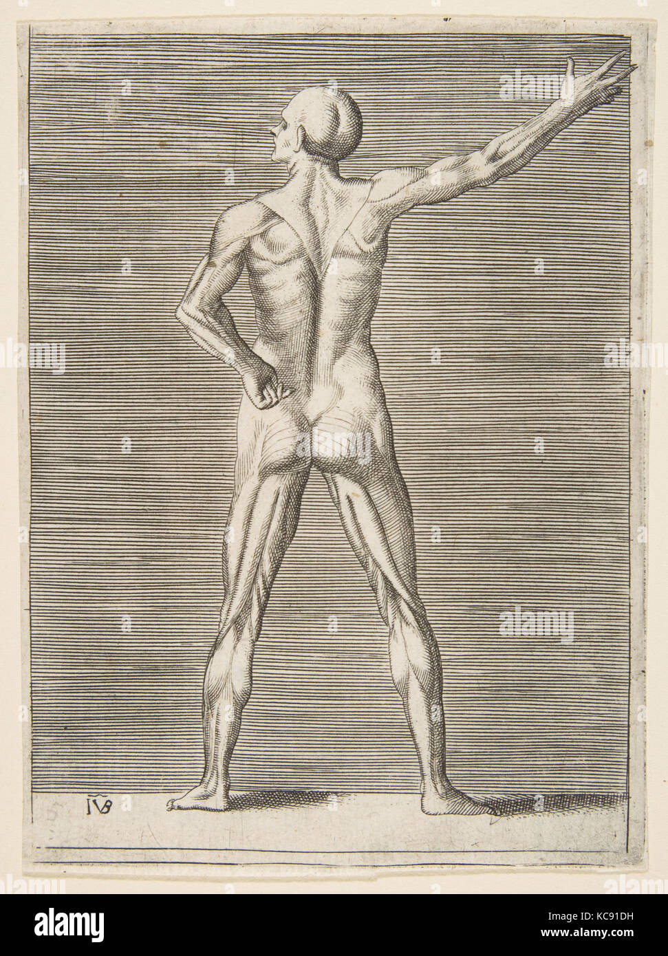 Hombre vulnerado visto desde atrás, su brazo derecho extendido, Giulio Bonasone, ca. 1531-76 Foto de stock