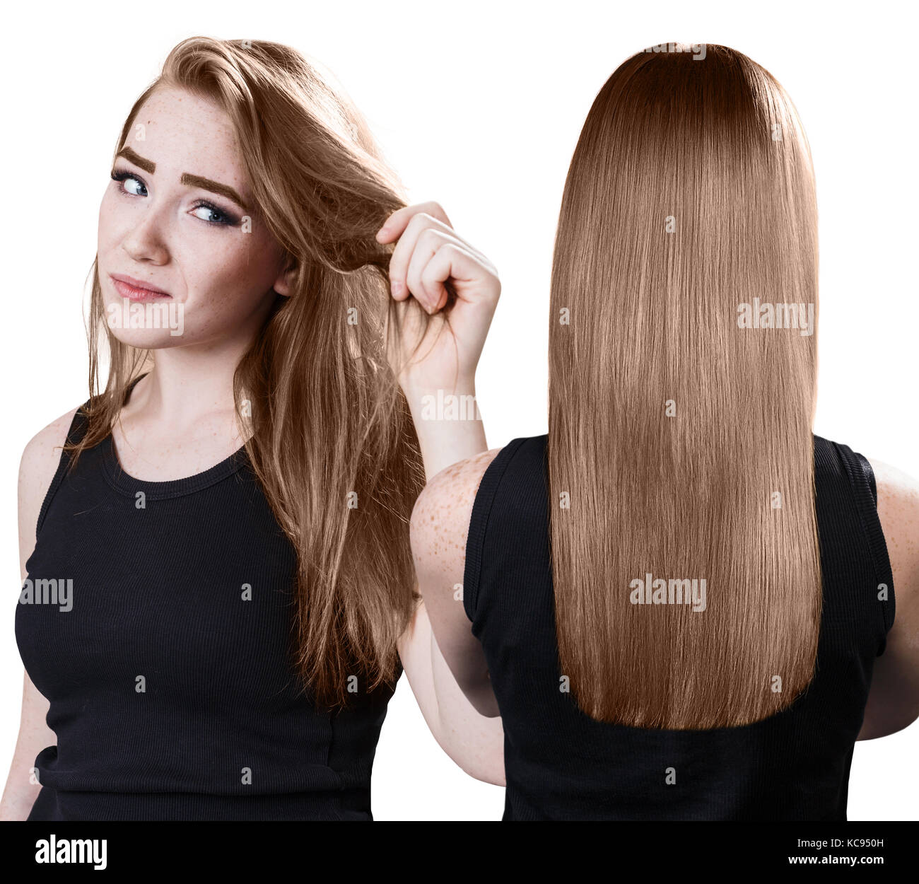 El cabello de la mujer antes y después del tratamiento. Foto de stock