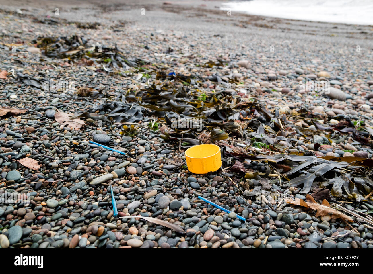 La basura de plástico arrastrados hasta la playa de Bahía Fleswick cerca de St Bees, Cumbria, Reino Unido Foto de stock