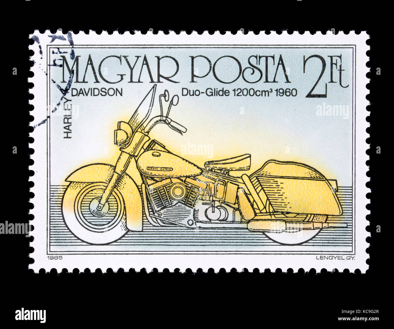 Sello de Hungría representando una Harley-Davidson Duo-Glide desde 1960, centenario de la motocicleta. Foto de stock