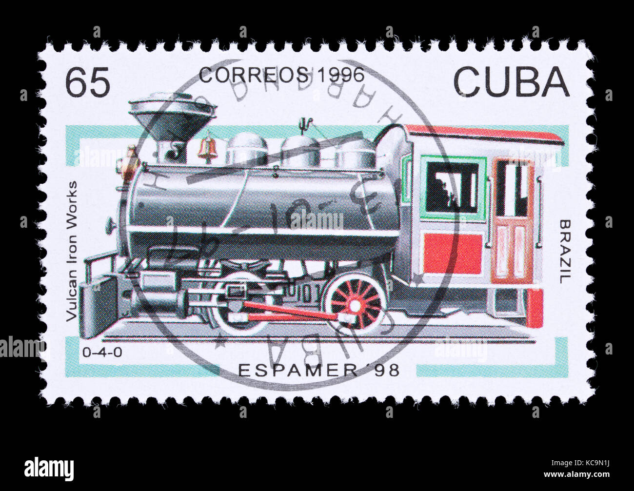 Sello de Cuba representando una Vulcan Iron Works 0-4-0 locomotora a vapor de Brasil Foto de stock