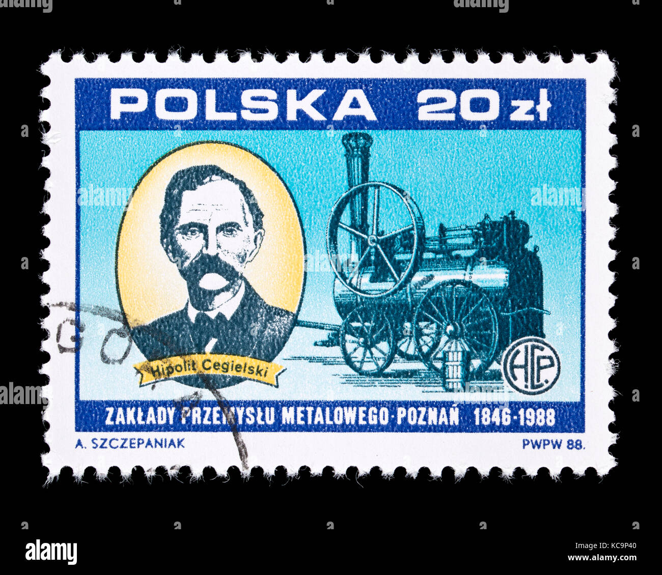 Sello de Polonia representando Gaspar Józef Hipolit Cegielski y una de las primeras máquinas de vapor, emitida por el 142 aniversario de la Poznan Metal Works. Foto de stock