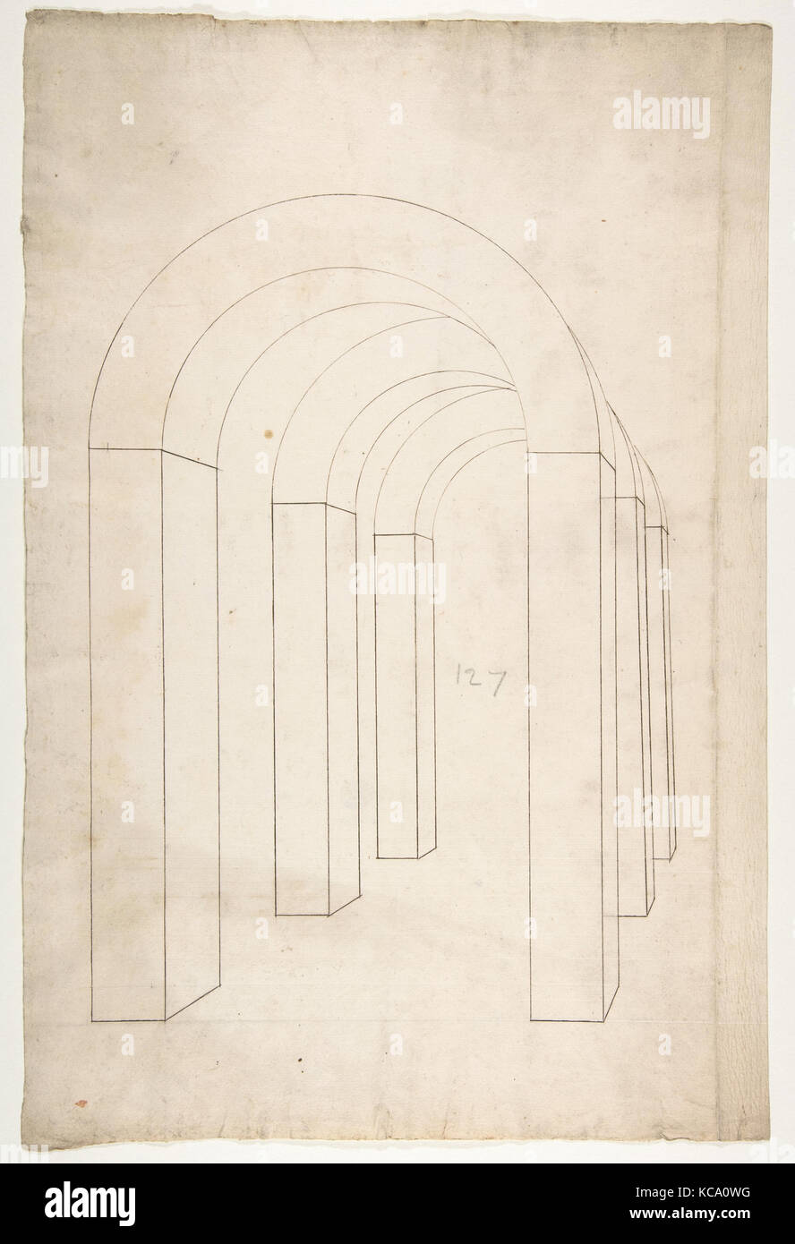 Estudio sobre la perspectiva de una columnata arqueada, anónimos, francés, del siglo XVI. Foto de stock