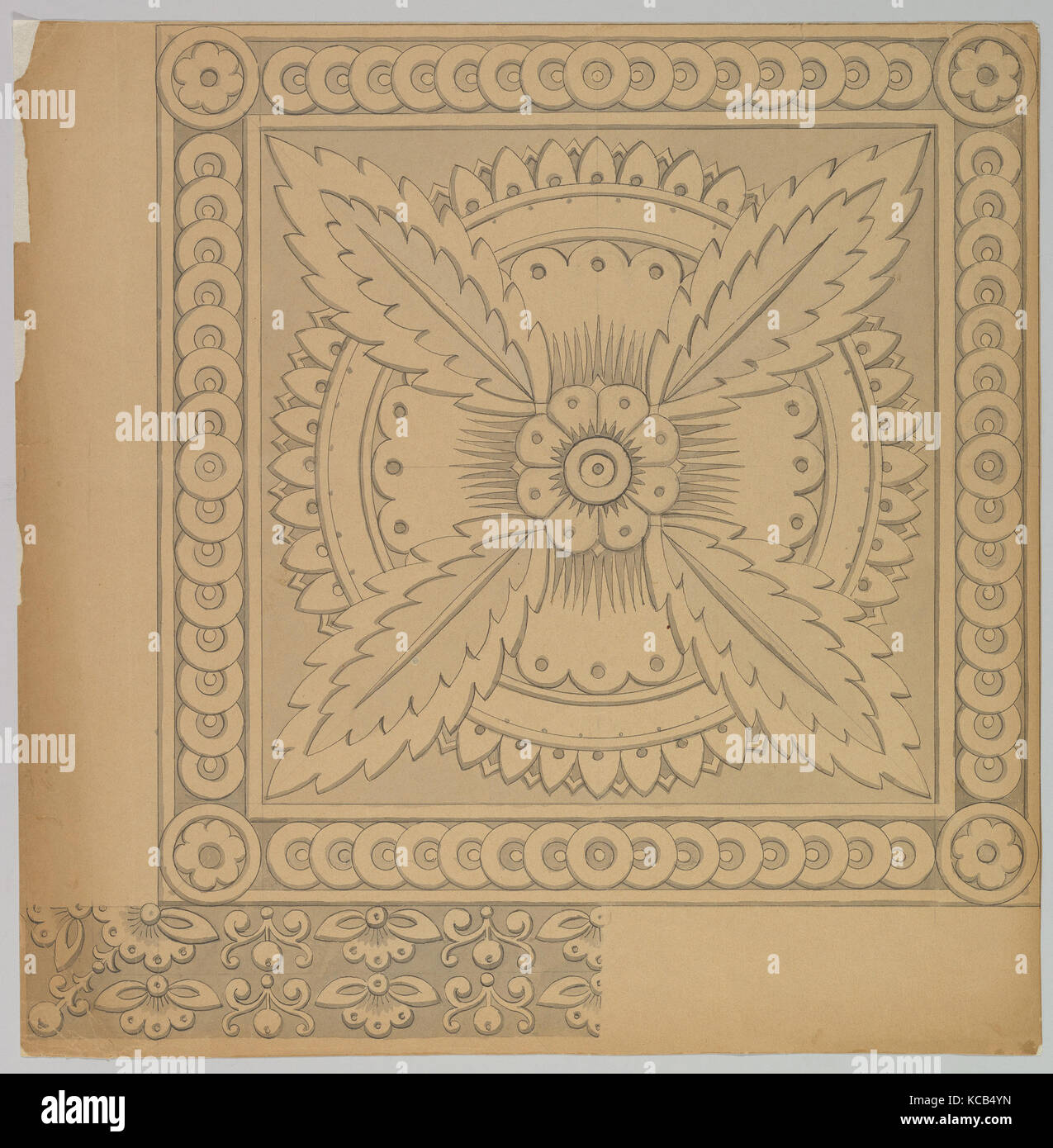 Diseño de azulejos ornamentados, del siglo xix, pluma y tinta negra con lavar y grafito underdrawing, Hoja: 17 1/4 x 17 7/16 in. (4 Foto de stock