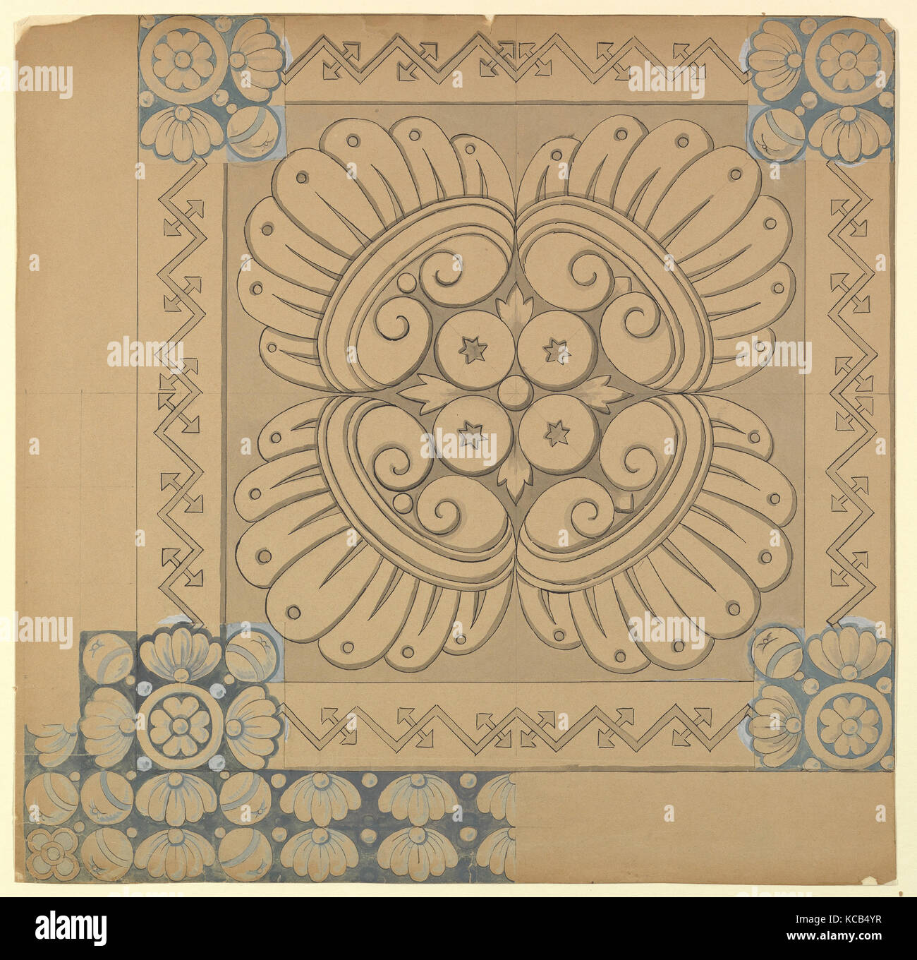 Diseño de azulejos ornamentados, del siglo xix, pluma y tinta negra con lavado, gouache y grafito underdrawing, hoja: 17 3/16 x 17 5 Foto de stock