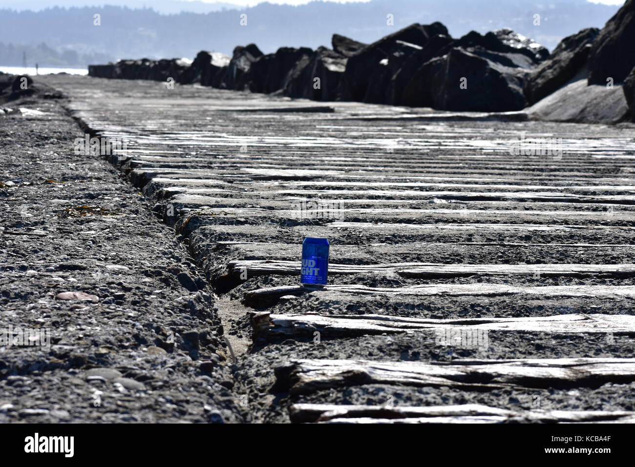 Bud Light puede en el muelle Foto de stock