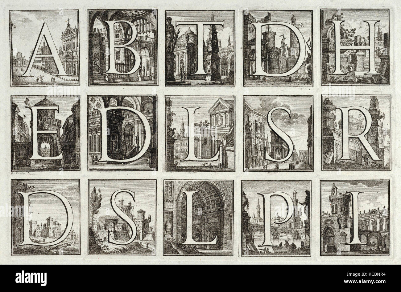 Dibujos y estampas, Imprimir alfabeto romano contra fondos arquitectónicos, del G. P. Zanotti Il del Claustro di San Michele Foto de stock