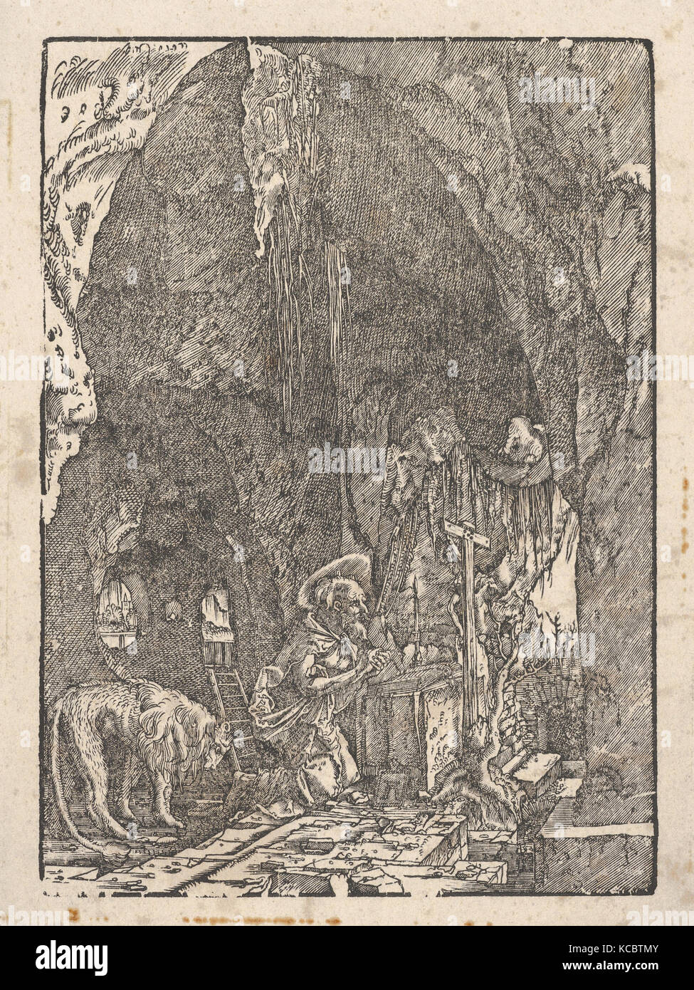 San Jerónimo en penitencia, en una cueva, desde Holzschnitte alter deutscher Meister in den Original-Platten Foto de stock