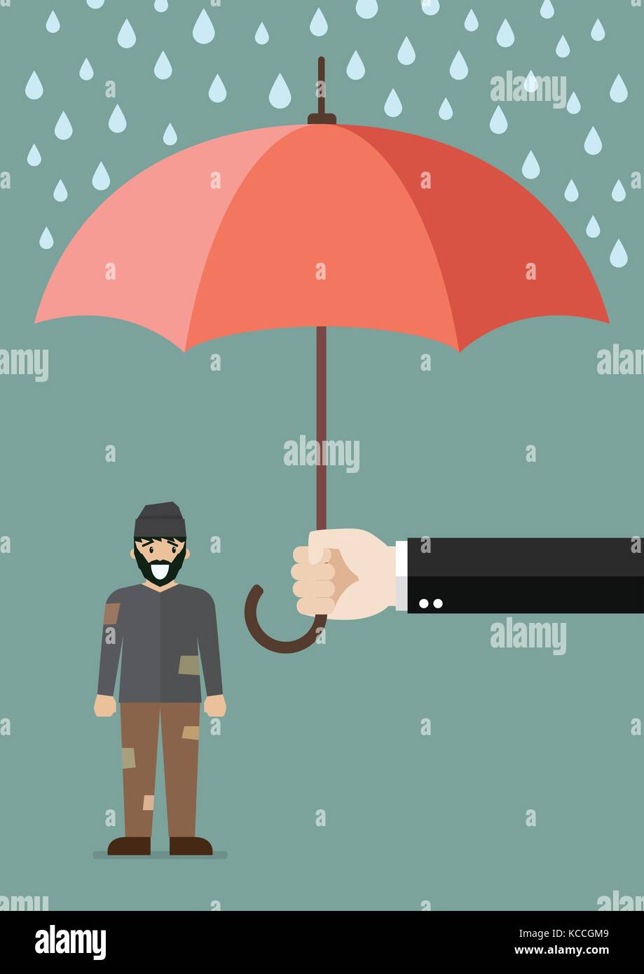 Mano sosteniendo un paraguas protección pobre concepto de negocio. Ilustración del Vector