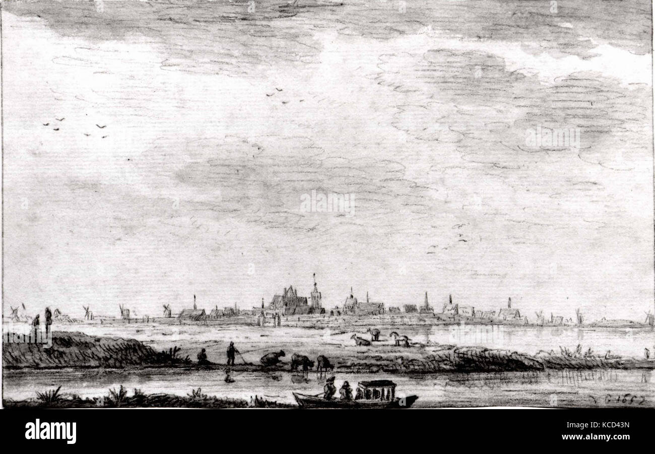 Ciudad distante observada a través del agua y campos, Estilo de Jan van Goyen, 1652 Foto de stock