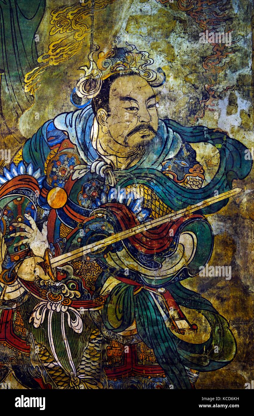 Dinastía Yuan. Detalle de deidades taoístas visita los celestes digno del principio original. Mural de Pure Trinity Hall, Palacio de Yongle, Shanxi China Foto de stock
