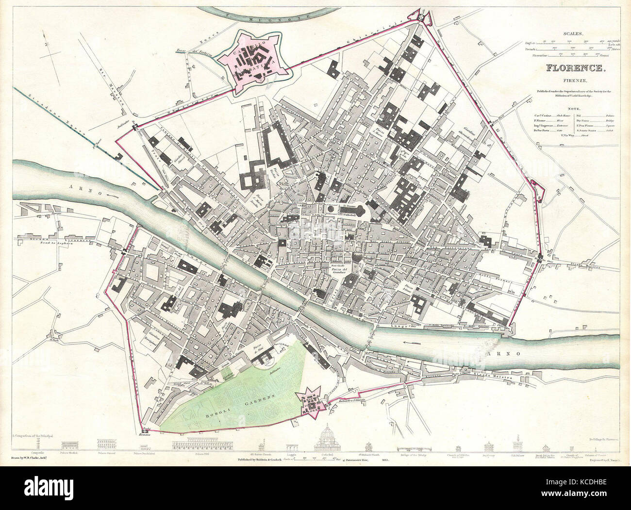 1835, S.D.U.K. Mapa de la ciudad o Plan de Florencia o Firenze, Italia Foto de stock