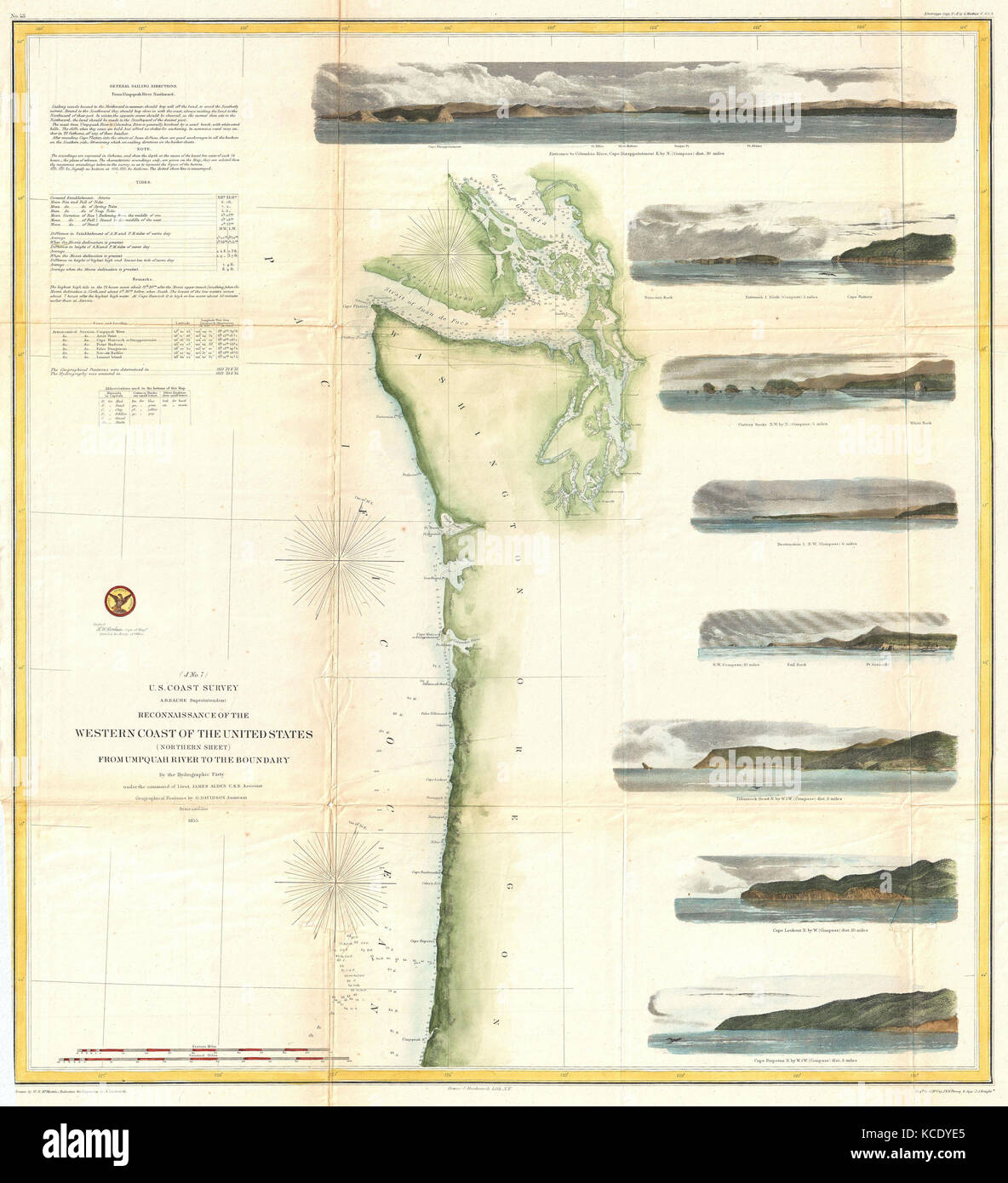 1855, U.S.C.S. Mapa o carta de Washington y Oregon Fotografía de stock
