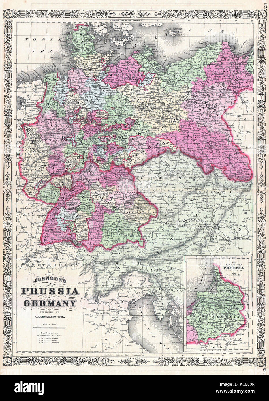 1866, Johnson Mapa de Prusia y Alemania Foto de stock