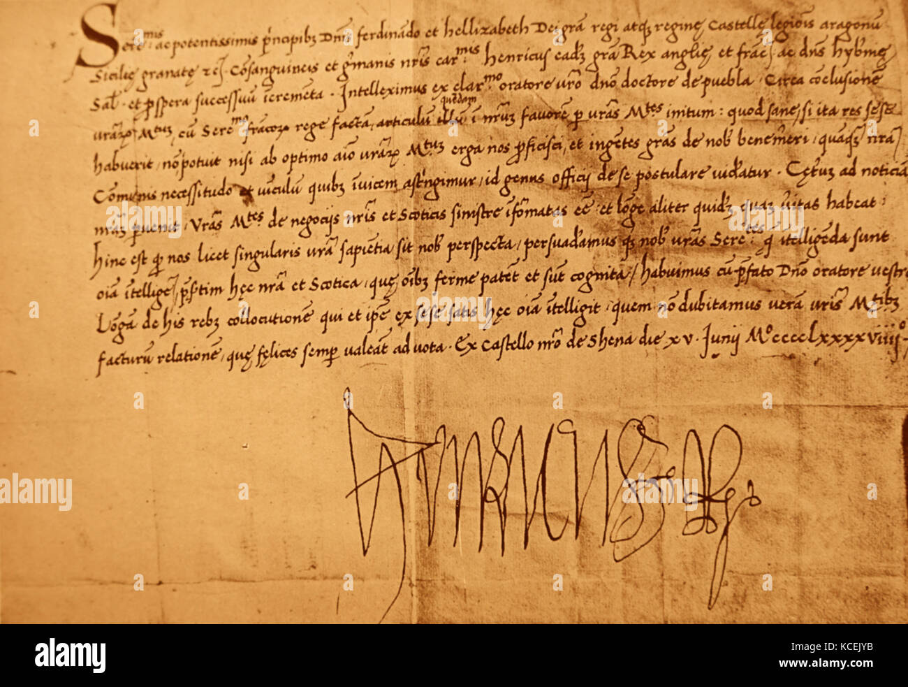 Carta enviada al Rey Fernando II de Aragón (1452-1516) e Isabel I de Castilla (1451-1504), escrito por el rey Enrique VII de Inglaterra (1457-1509). Fecha del siglo XV. Foto de stock