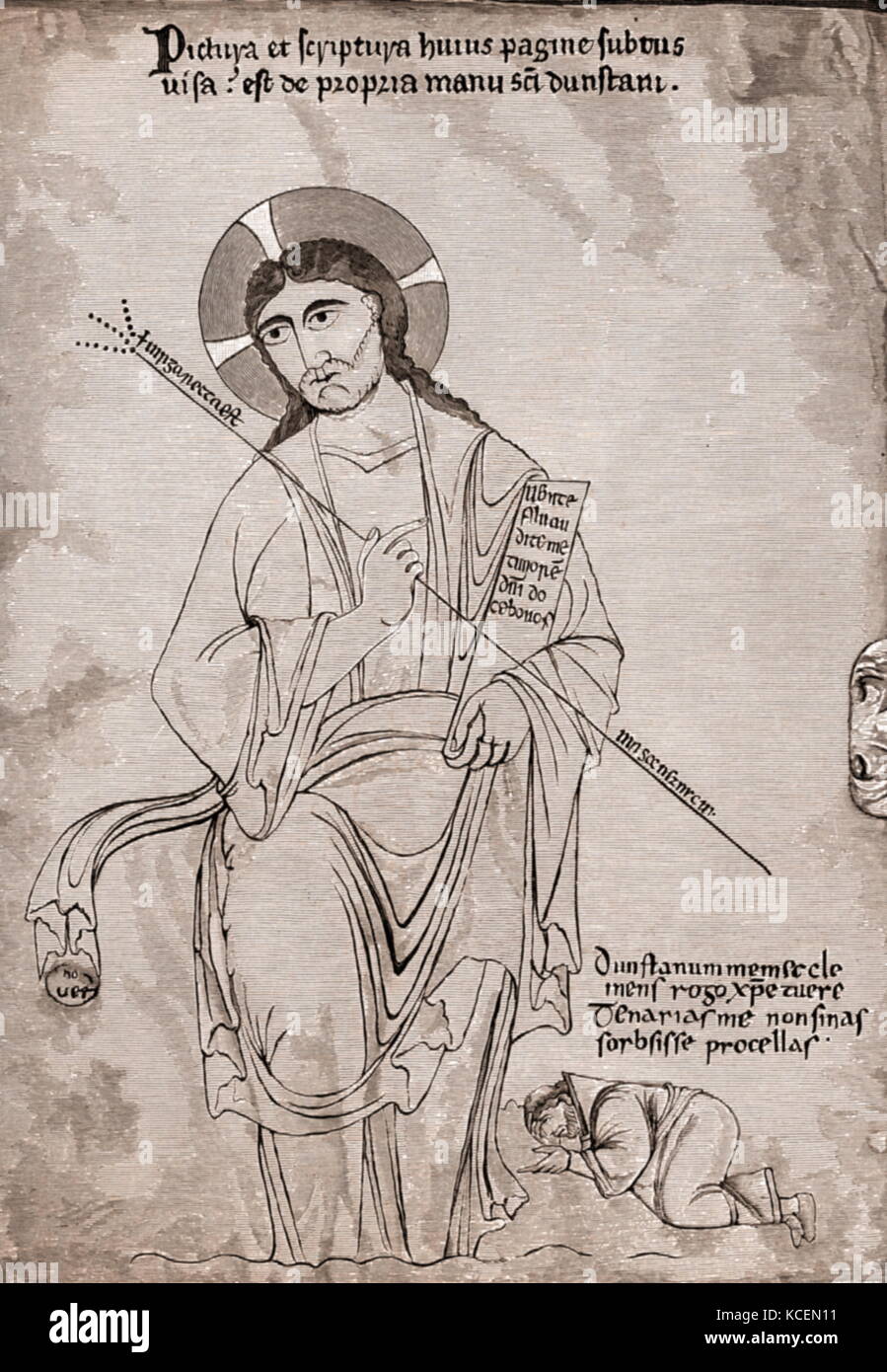 San Dunstan, a los pies de Cristo. Dunstan (909 - 19 de mayo de 988 AD) fue un abad de la Abadía de Glastonbury, Obispo de Worcester, Obispo de Londres, y el Arzobispo de Canterbury, posteriormente canonizado como un santo. Su trabajo restauró la vida monástica en Inglaterra y la reforma de la Iglesia inglesa. Su biógrafo 11th-century, Osbern, un artista y scribe, estados que Dunstan era experto en "hacer una foto y formando las letras", así como otros sacerdotes de su edad que alcanzó alto rango Foto de stock