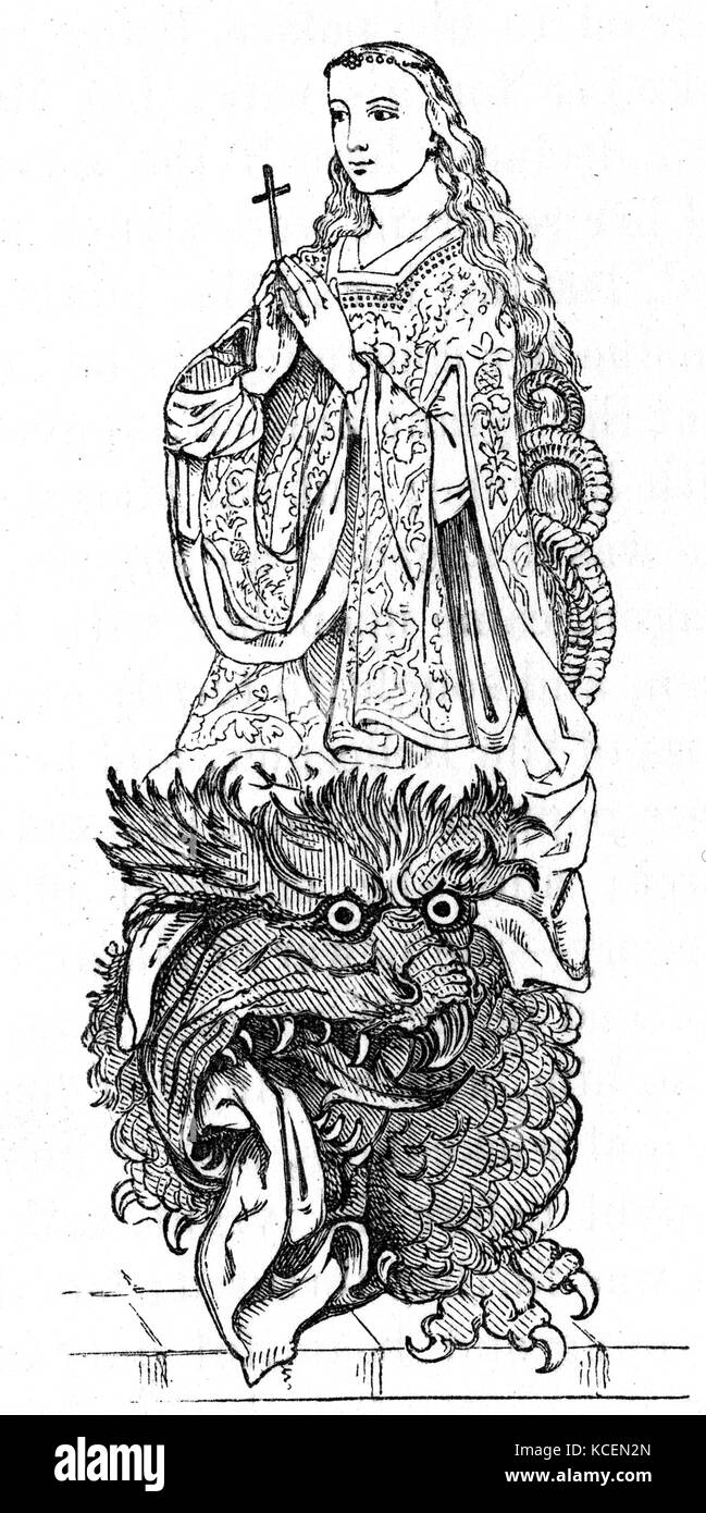 Margaret, conocida como Margarita de Antioquía en el oeste, y como Santa Marina el gran mártir, mostrando su con un demonio Foto de stock