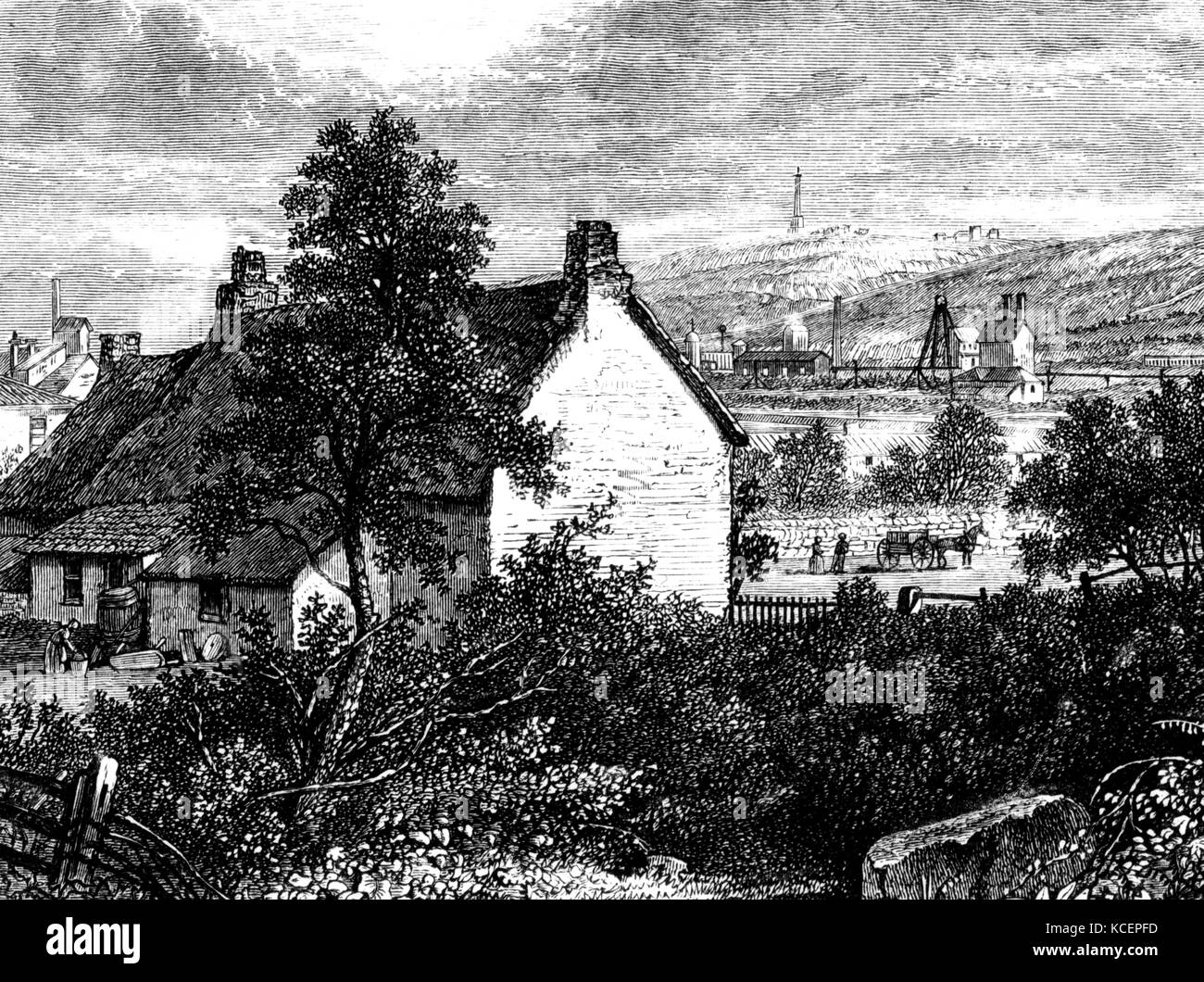 Grabado representando a la infancia, el hogar de Richard Trevithick (1771-1833) un inventor británico y el ingeniero de minas. Fecha del siglo XIX Foto de stock