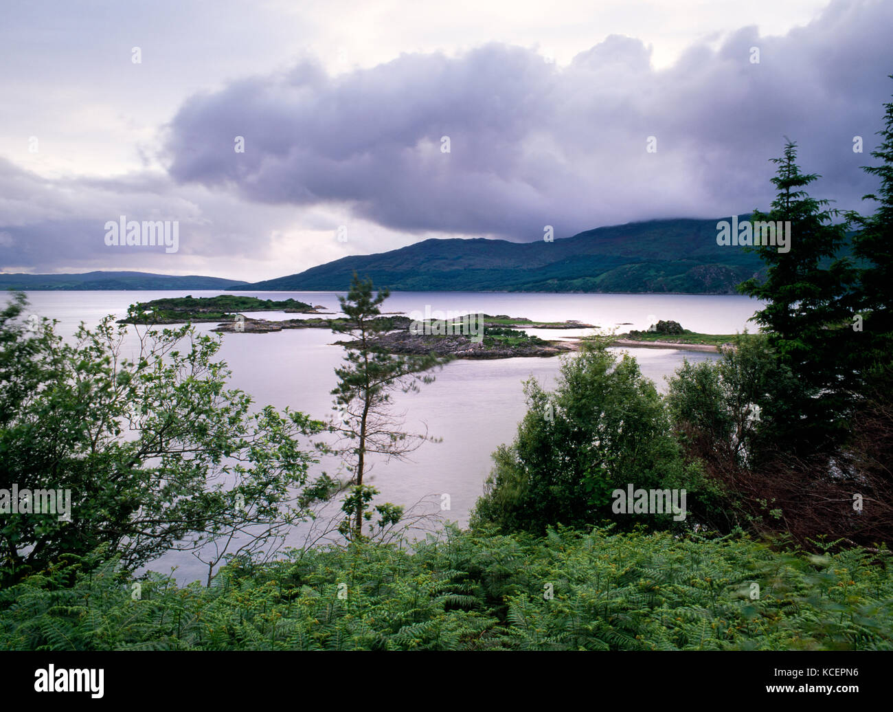 Vista desde la vía hasta Sandaig Cottage, cerca de Glen Elg, Lochalsh, Escocia. Eileen más & Loch Dal en primer plano, sonido de Sleat & Isla de Skye más allá Foto de stock