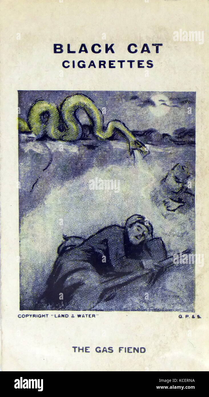 Gato negro de cigarrillos, la Primera Guerra Mundial, mostrando la tarjeta de propaganda: gases como el sigilo de Alemania utiliza armas contra un soldado de dormir Foto de stock