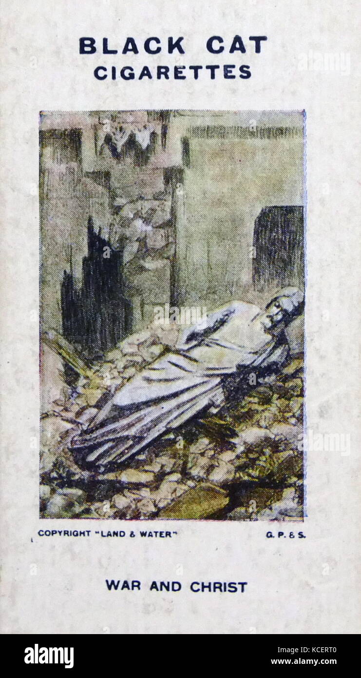 Gato negro de cigarrillos, la Primera Guerra Mundial, mostrando la tarjeta de propaganda: una estatua de Cristo caído en una iglesia en ruinas bombardeadas en el anticipo alemán en Bélgica Foto de stock