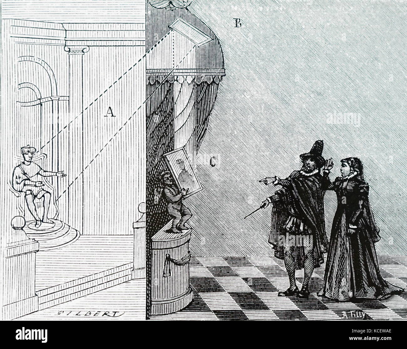 Grabado mostrando cómo Nostradamus (1503-1566) fue capaz de utilizar su espejo mágico para profetizar la suerte de los reyes de Francia con Catalina de Medici. Fecha del siglo XIX Foto de stock