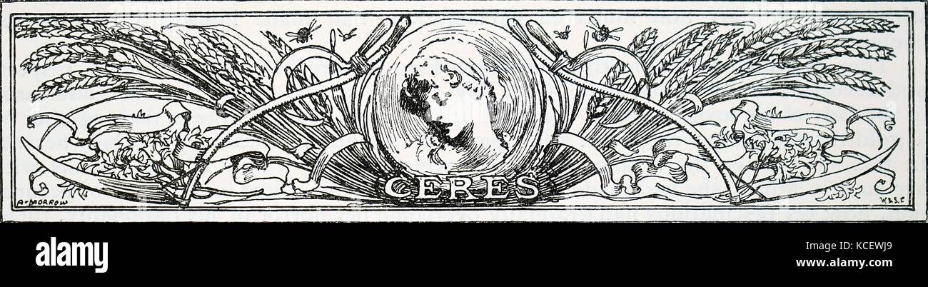 Grabado antiguo representando la diosa romana Ceres. Ceres es la diosa de la agricultura, las cosechas de grano, la fecundidad y las relaciones materno. Fecha del siglo XIX Foto de stock