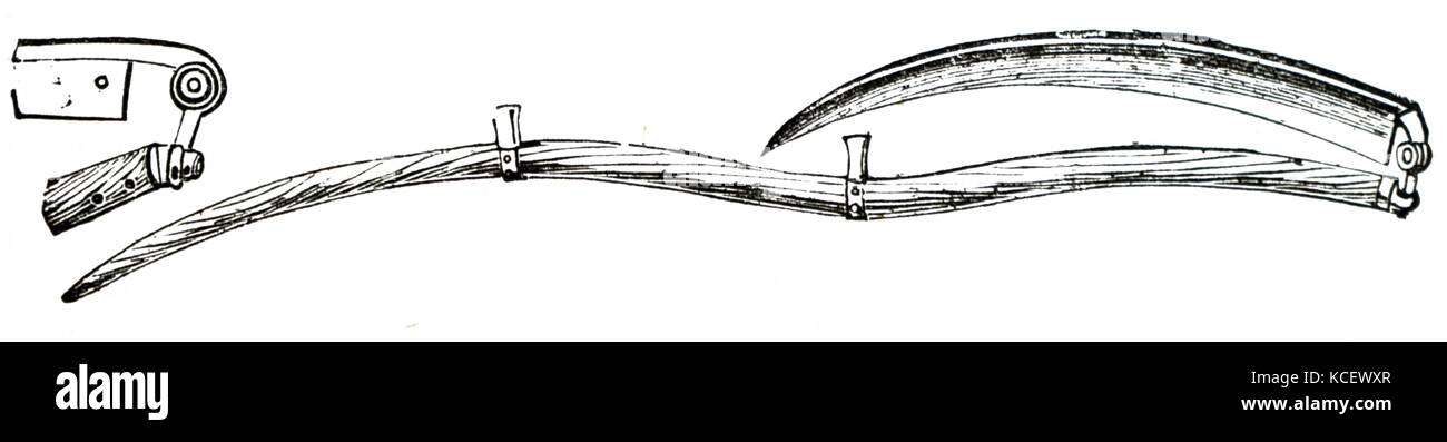 Ilustración mostrando una guadaña plegables utilizadas en jardinería. Fecha del siglo XIX Foto de stock