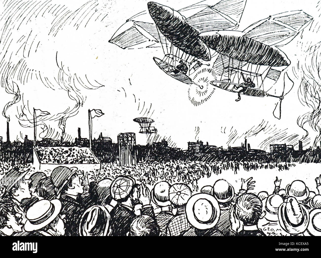 Caricatura horrorizados espectadores viendo colisionan dos aviones durante un aire-show. Fecha Siglo XX Foto de stock