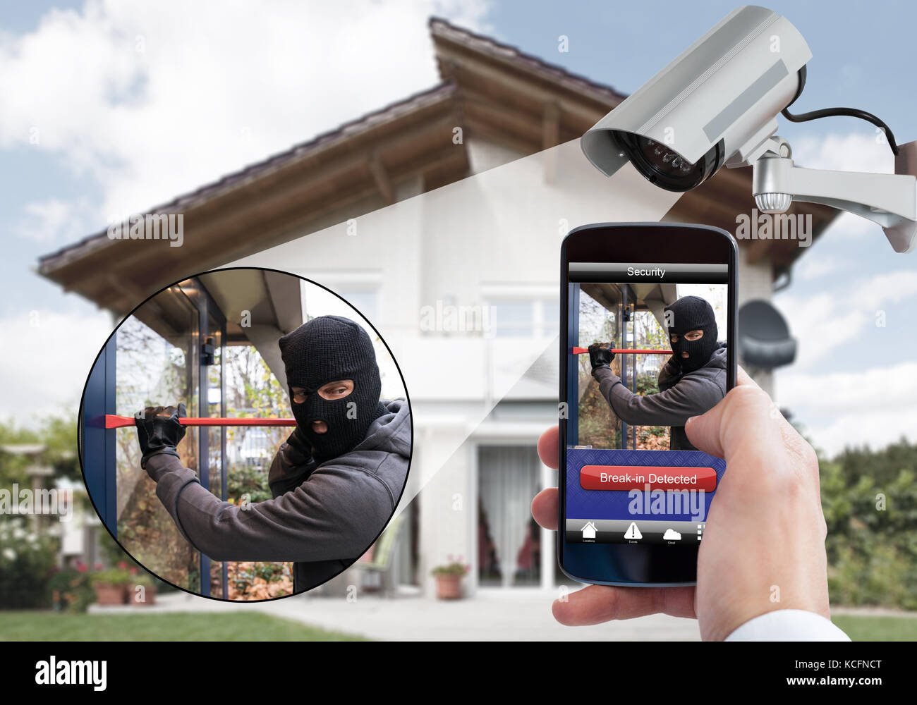 Persona mano sujetando el teléfono móvil detección de ladrón en sistema de  seguridad con cámaras de vigilancia detrás Fotografía de stock - Alamy