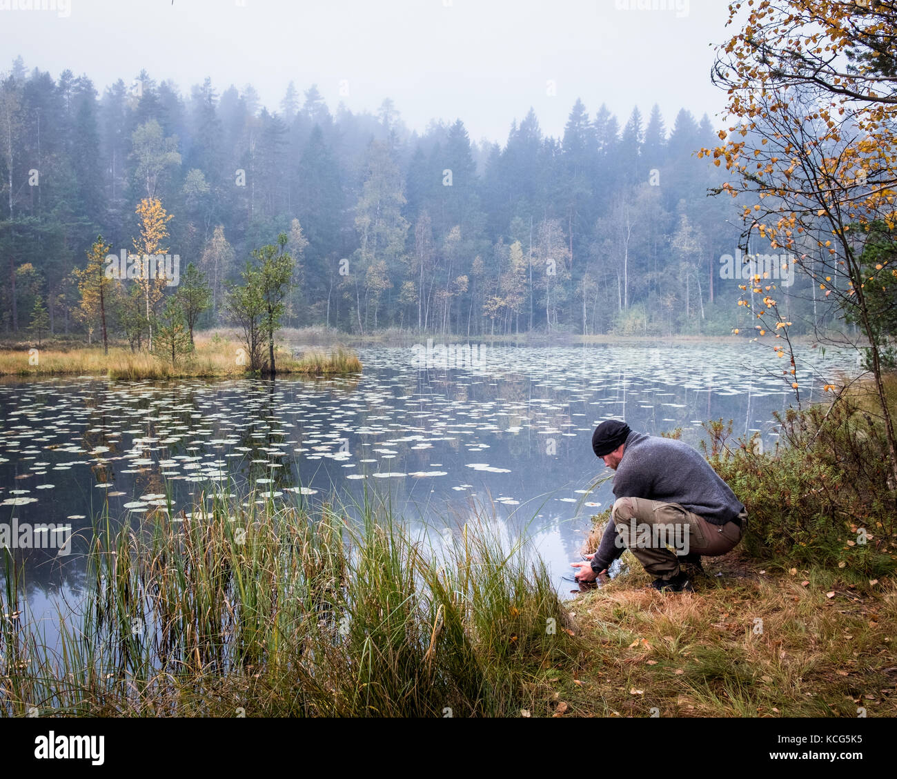 Caminante lavarse la cara en la mañana de otoño en el parque nacional, Finlandia Foto de stock